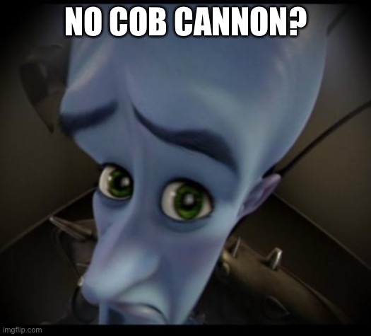Megamind peeking | NO COB CANNON? | image tagged in no bitches | made w/ Imgflip meme maker