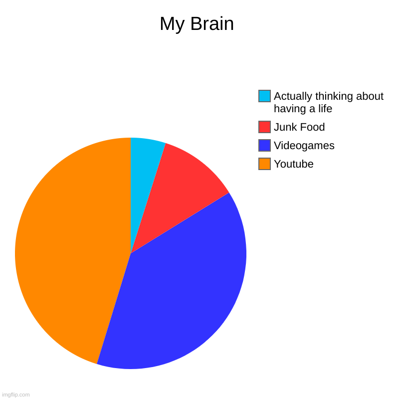 My Brain | My Brain | Youtube, Videogames, Junk Food, Actually thinking about having a life | image tagged in charts,pie charts,brain | made w/ Imgflip chart maker