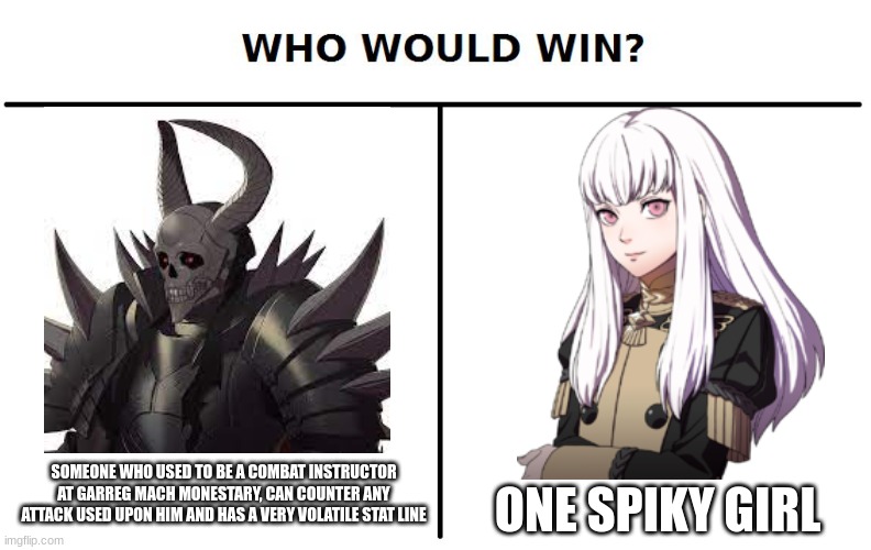 Who would win, Death Knight vs Lysithea | SOMEONE WHO USED TO BE A COMBAT INSTRUCTOR AT GARREG MACH MONESTARY, CAN COUNTER ANY ATTACK USED UPON HIM AND HAS A VERY VOLATILE STAT LINE; ONE SPIKY GIRL | image tagged in who would win,fire emblem | made w/ Imgflip meme maker