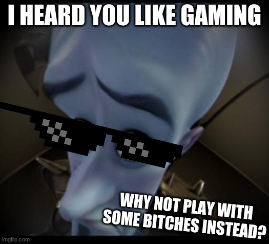 Megamind peeking | I HEARD YOU LIKE GAMING; WHY NOT PLAY WITH SOME BITCHES INSTEAD? | image tagged in no bitches | made w/ Imgflip meme maker