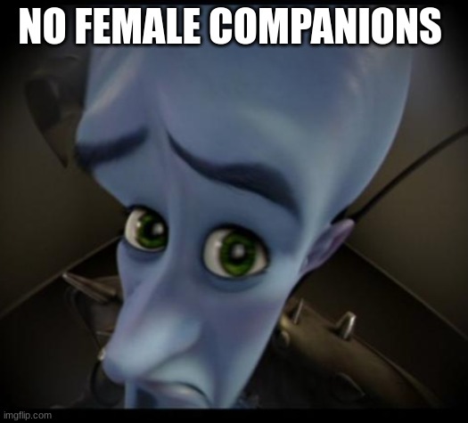 Megamind peeking | NO FEMALE COMPANIONS | image tagged in no bitches | made w/ Imgflip meme maker