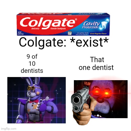 Colgate meme |  Colgate: *exist*; That one dentist; 9 of 10 dentists | image tagged in memes,blank transparent square,fnaf,colgate,dentist,bonnie | made w/ Imgflip meme maker