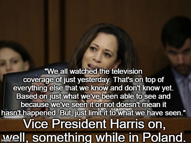Can anyone make sense of what this person is saying? | "We all watched the television coverage of just yesterday. That's on top of everything else that we know and don't know yet. Based on just what we've been able to see and because we've seen it or not doesn't mean it hasn't happened. But, just limit it to what we have seen."; Vice President Harris on, well, something while in Poland. | image tagged in kamala harris | made w/ Imgflip meme maker