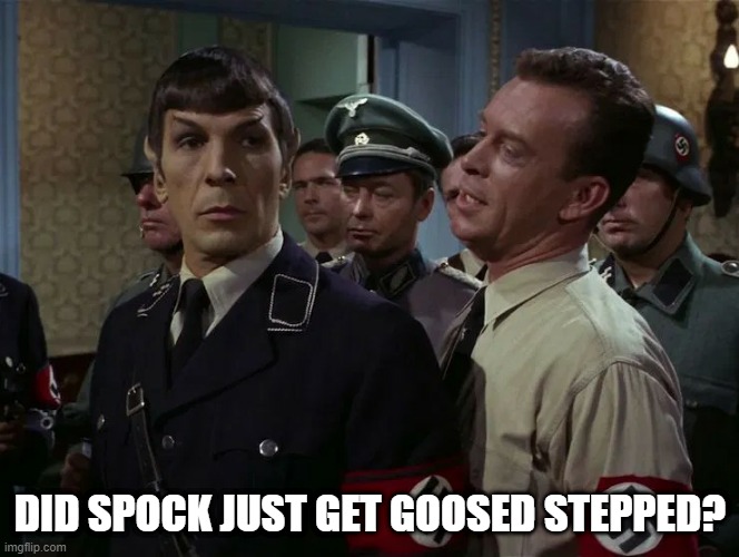 Got His Christmas Goose Early |  DID SPOCK JUST GET GOOSED STEPPED? | image tagged in star trek nazi spock captured by officer | made w/ Imgflip meme maker