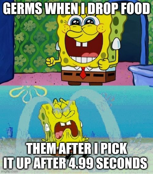 all in the timing | GERMS WHEN I DROP FOOD; THEM AFTER I PICK IT UP AFTER 4.99 SECONDS | image tagged in spongebob happy and sad | made w/ Imgflip meme maker