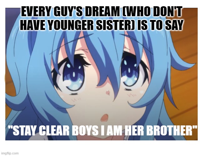 meme | EVERY GUY'S DREAM (WHO DON'T HAVE YOUNGER SISTER) IS TO SAY; "STAY CLEAR BOYS I AM HER BROTHER" | image tagged in good memes | made w/ Imgflip meme maker