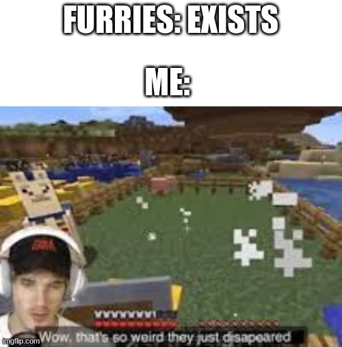 FURRIES: EXISTS; ME: | image tagged in blank white template,they disapeared,anti furry,furries,sucks | made w/ Imgflip meme maker