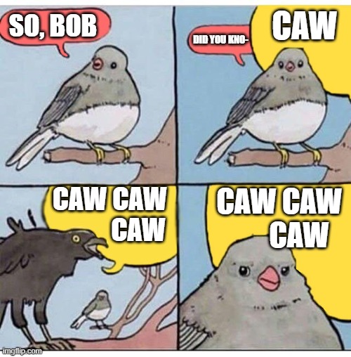 I hate getting interrupted... SO I made a meme! | CAW; SO, BOB; DID YOU KNO-; CAW CAW
           CAW; CAW CAW 
      CAW | image tagged in annoyed bird | made w/ Imgflip meme maker