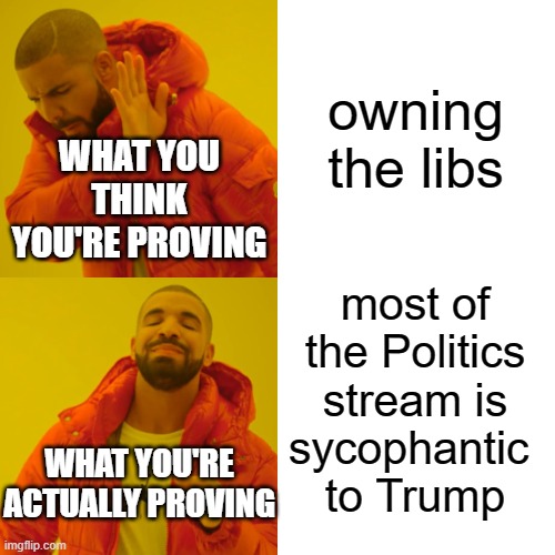 Drake Hotline Bling Meme | owning the libs; WHAT YOU THINK YOU'RE PROVING; most of the Politics stream is
sycophantic 
to Trump; WHAT YOU'RE ACTUALLY PROVING | image tagged in memes,drake hotline bling | made w/ Imgflip meme maker