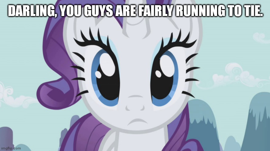 Stareful Rarity (MLP) | DARLING, YOU GUYS ARE FAIRLY RUNNING TO TIE. | image tagged in stareful rarity mlp | made w/ Imgflip meme maker