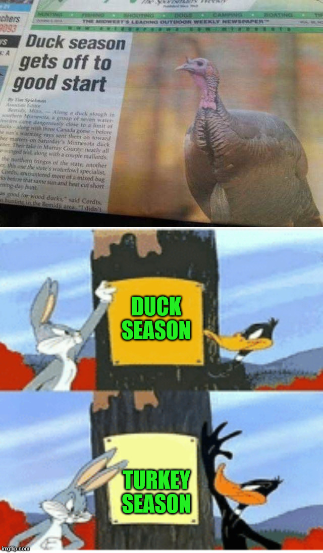 Just had to pick the correct picture for the story | DUCK SEASON; TURKEY SEASON | image tagged in blank season,you had one job | made w/ Imgflip meme maker