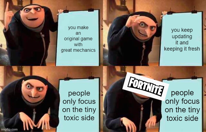 Gru's Plan | you make an original game with great mechanics; you keep updating it and keeping it fresh; people only focus on the tiny toxic side; people only focus on the tiny toxic side | image tagged in memes,gru's plan | made w/ Imgflip meme maker