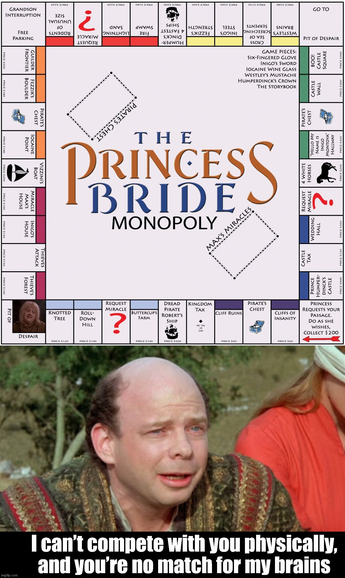 I would like to play this game. | I can’t compete with you physically, and you’re no match for my brains | image tagged in vizzini princess bride - classic blunder | made w/ Imgflip meme maker