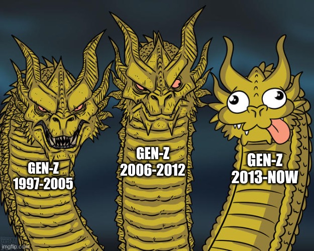 You're gen alpha stop pretending | GEN-Z 2006-2012; GEN-Z 2013-NOW; GEN-Z 1997-2005 | image tagged in three-headed dragon,memes,gen z,funny,funny memes | made w/ Imgflip meme maker