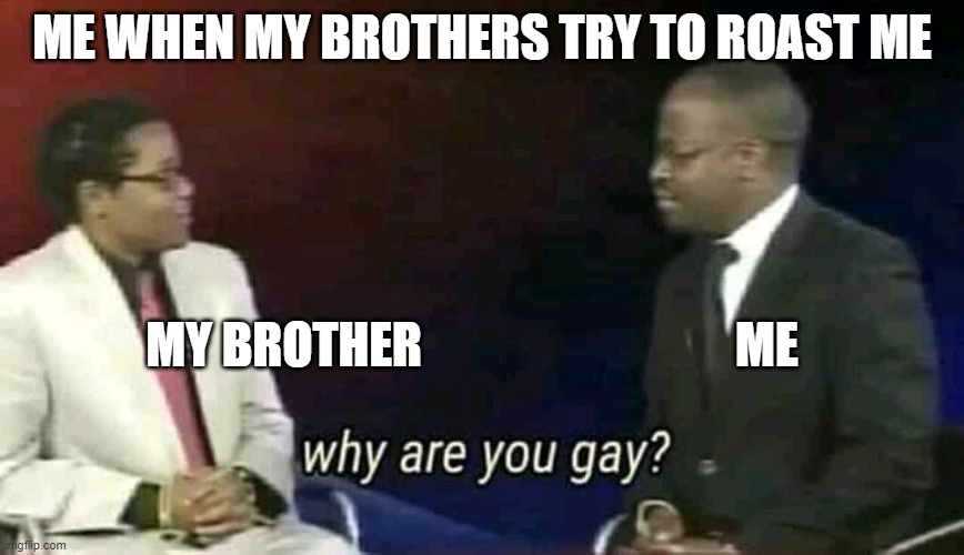 Why are you gay? | ME WHEN MY BROTHERS TRY TO ROAST ME; MY BROTHER                                ME | image tagged in why are you gay | made w/ Imgflip meme maker