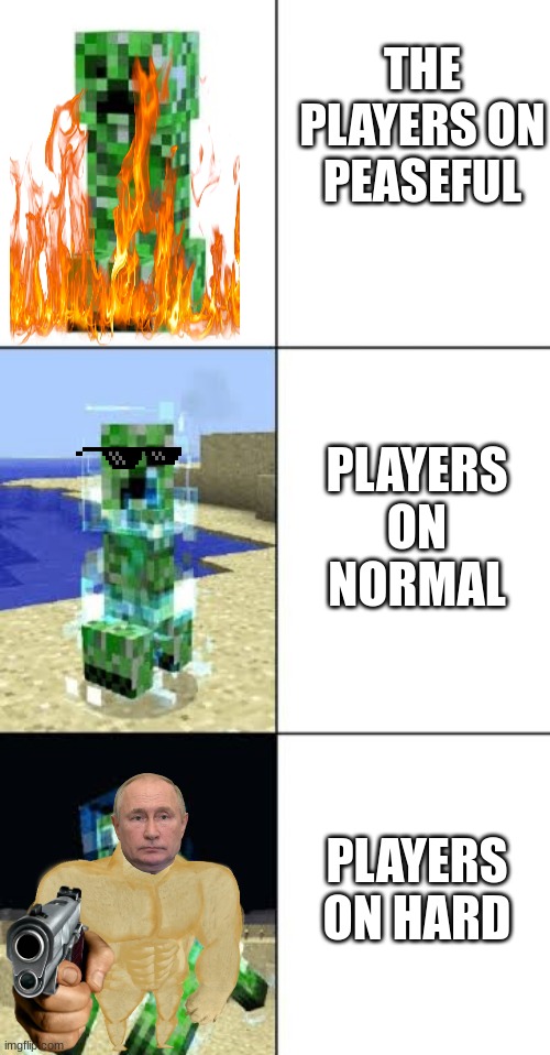 Minecraft creeper template | THE PLAYERS ON PEASEFUL; PLAYERS ON NORMAL; PLAYERS ON HARD | image tagged in minecraft creeper template | made w/ Imgflip meme maker