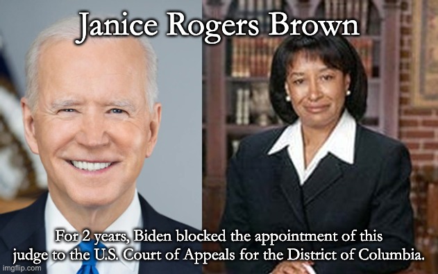 Filibustering racists in the Whitehouse | Janice Rogers Brown; For 2 years, Biden blocked the appointment of this judge to the U.S. Court of Appeals for the District of Columbia. | image tagged in janice rogers brown,joe biden,racism,hypocrisy,liar liar pants on fire,filibuster | made w/ Imgflip meme maker