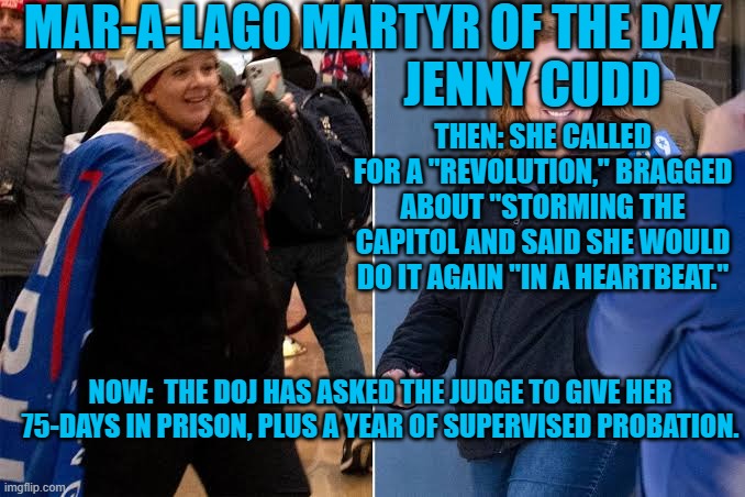 They always smile, until they are sentenced. Then they whine like Trump. | MAR-A-LAGO MARTYR OF THE DAY
                                 JENNY CUDD; THEN: SHE CALLED FOR A "REVOLUTION," BRAGGED ABOUT "STORMING THE CAPITOL AND SAID SHE WOULD DO IT AGAIN "IN A HEARTBEAT."; NOW:  THE DOJ HAS ASKED THE JUDGE TO GIVE HER 75-DAYS IN PRISON, PLUS A YEAR OF SUPERVISED PROBATION. | image tagged in politics | made w/ Imgflip meme maker