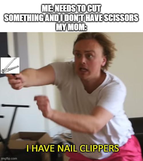 ME: NEEDS TO CUT SOMETHING AND I DON'T HAVE SCISSORS
MY MOM:; I HAVE NAIL CLIPPERS | image tagged in gus johnson,moms | made w/ Imgflip meme maker