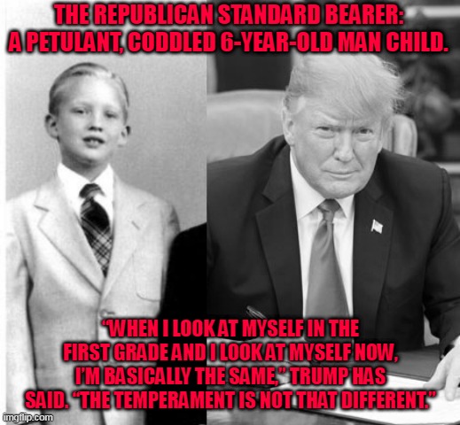 7-year-old Trump | THE REPUBLICAN STANDARD BEARER:
A PETULANT, CODDLED 6-YEAR-OLD MAN CHILD. “WHEN I LOOK AT MYSELF IN THE FIRST GRADE AND I LOOK AT MYSELF NOW, I’M BASICALLY THE SAME,” TRUMP HAS SAID. “THE TEMPERAMENT IS NOT THAT DIFFERENT.” | image tagged in child trump,trump,maga,2024,nuclear codes | made w/ Imgflip meme maker