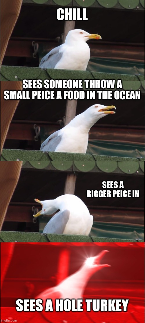 Inhaling Seagull Meme | CHILL; SEES SOMEONE THROW A SMALL PEICE A FOOD IN THE OCEAN; SEES A BIGGER PEICE IN; SEES A HOLE TURKEY | image tagged in memes,inhaling seagull | made w/ Imgflip meme maker