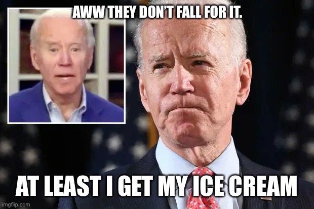 Joe Biden dumb 4 | AWW THEY DON’T FALL FOR IT. AT LEAST I GET MY ICE CREAM | image tagged in joe biden dumb 4 | made w/ Imgflip meme maker