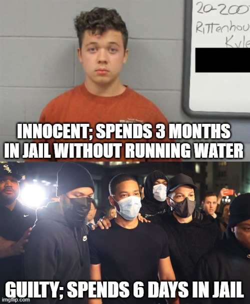 leftist privilege is real |  INNOCENT; SPENDS 3 MONTHS IN JAIL WITHOUT RUNNING WATER; GUILTY; SPENDS 6 DAYS IN JAIL | image tagged in jussie smollett,kyle rittenhouse,justice,chicago,corrupt,corruption | made w/ Imgflip meme maker