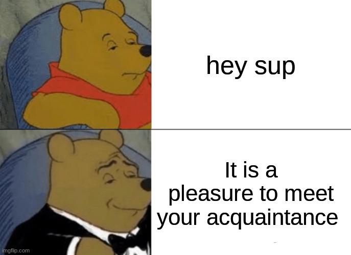 Tuxedo Winnie The Pooh | hey sup; It is a pleasure to meet your acquaintance | image tagged in memes,tuxedo winnie the pooh | made w/ Imgflip meme maker