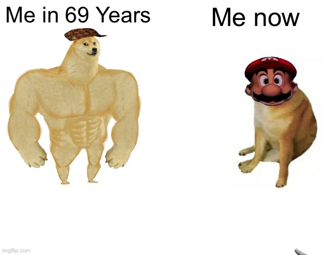 Me now | Me in 69 Years; Me now | image tagged in memes,buff doge vs cheems | made w/ Imgflip meme maker