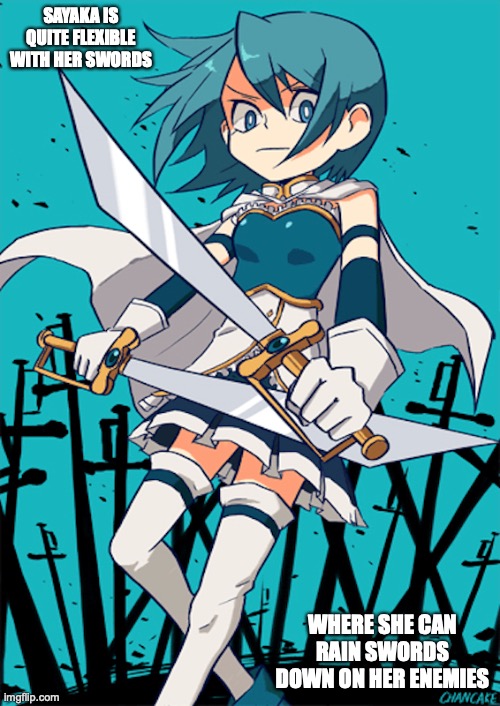 Sayaka Miki | SAYAKA IS QUITE FLEXIBLE WITH HER SWORDS; WHERE SHE CAN RAIN SWORDS DOWN ON HER ENEMIES | image tagged in memes,swords,sayaka miki,puella magi madoka magica | made w/ Imgflip meme maker