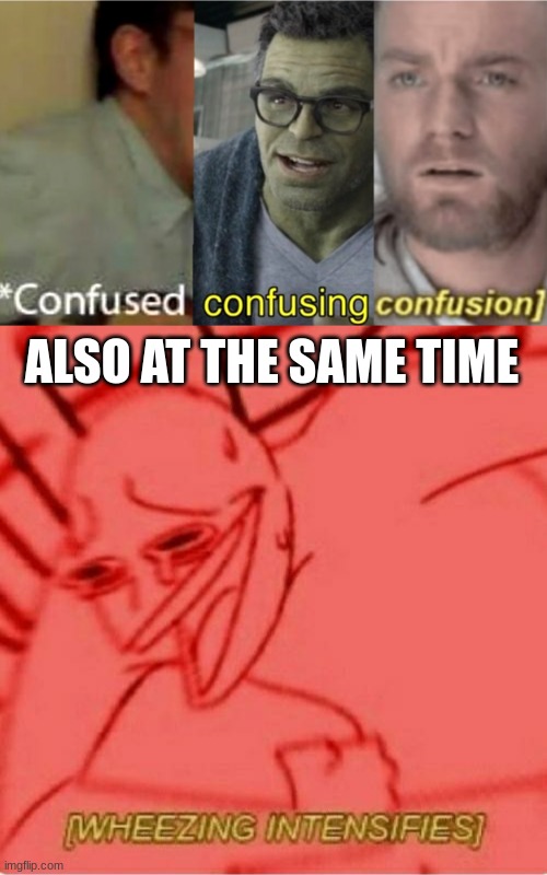 ALSO AT THE SAME TIME | image tagged in confused confusing confusion,wheeze | made w/ Imgflip meme maker