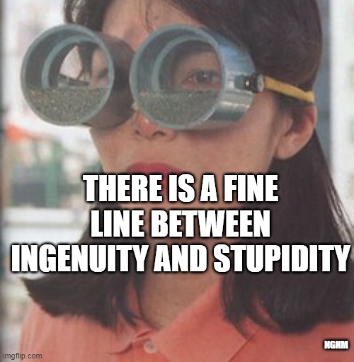genius? | THERE IS A FINE LINE BETWEEN INGENUITY AND STUPIDITY; NGNM | image tagged in imagination,invention | made w/ Imgflip meme maker