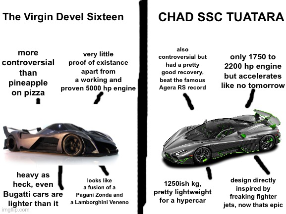 bias go brrrrrrr | The Virgin Devel Sixteen; CHAD SSC TUATARA; more controversial than pineapple on pizza; also controversial but had a pretty good recovery, beat the famous Agera RS record; very little proof of existance apart from a working and proven 5000 hp engine; only 1750 to 2200 hp engine but accelerates like no tomorrow; heavy as heck, even Bugatti cars are lighter than it; looks like a fusion of a Pagani Zonda and a Lamborghini Veneno; 1250ish kg, pretty lightweight for a hypercar; design directly inspired by freaking fighter jets, now thats epic | image tagged in blank white template,virgin vs chad,cars,bias | made w/ Imgflip meme maker