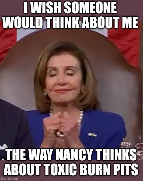 DEMOCRATS LOVE THEM BURN PITS | I WISH SOMEONE WOULD THINK ABOUT ME; THE WAY NANCY THINKS ABOUT TOXIC BURN PITS | image tagged in nancy pelosi,democrats,joe biden,state of the union,politics | made w/ Imgflip meme maker