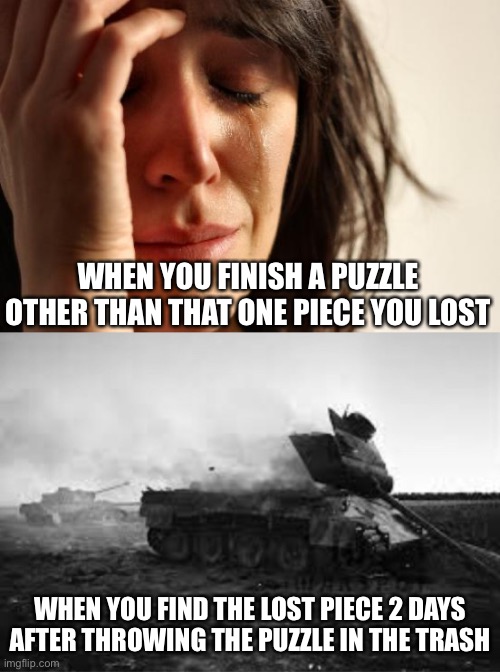 Puzzle | WHEN YOU FINISH A PUZZLE OTHER THAN THAT ONE PIECE YOU LOST; WHEN YOU FIND THE LOST PIECE 2 DAYS AFTER THROWING THE PUZZLE IN THE TRASH | image tagged in memes,first world problems | made w/ Imgflip meme maker