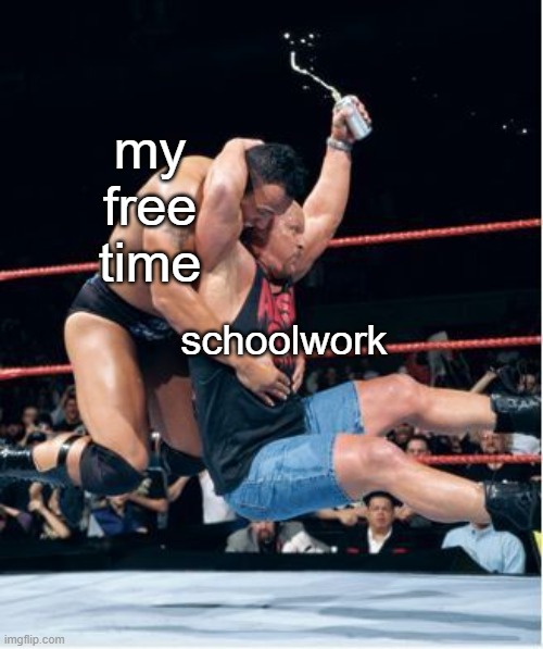 Stone cold stunner | my free time; schoolwork | image tagged in stone cold stunner | made w/ Imgflip meme maker