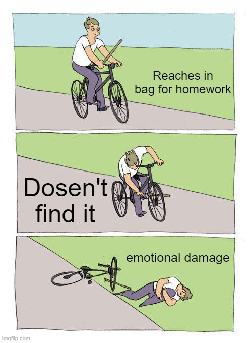 Bike Fall Meme | Reaches in bag for homework; Dosen't find it; emotional damage | image tagged in memes,bike fall | made w/ Imgflip meme maker