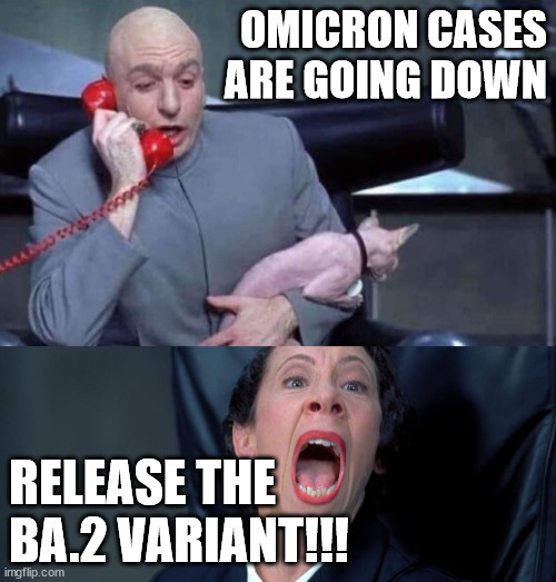 Release the BA.2 Variant! | OMICRON CASES ARE GOING DOWN; RELEASE THE BA.2 VARIANT!!! | image tagged in omicron,variant,ba2 variant,dr evil | made w/ Imgflip meme maker