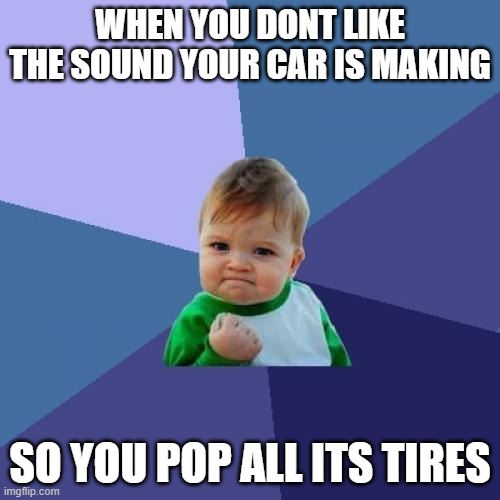 dang son | WHEN YOU DONT LIKE THE SOUND YOUR CAR IS MAKING; SO YOU POP ALL ITS TIRES | image tagged in memes,success kid | made w/ Imgflip meme maker