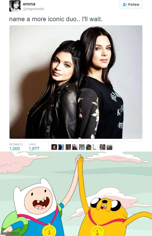 if you don't know these two, watch adventure time immediately | image tagged in name a more iconic duo,adventure time high five,adventure time | made w/ Imgflip meme maker