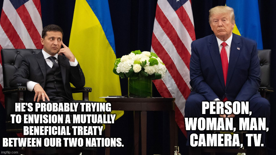 Stand back! Big brain at work! | PERSON, WOMAN, MAN, CAMERA, TV. HE'S PROBABLY TRYING TO ENVISION A MUTUALLY BENEFICIAL TREATY BETWEEN OUR TWO NATIONS. | image tagged in trump's mental powers | made w/ Imgflip meme maker