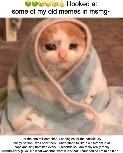 I understand if some people dont like me bc of the person I used to be because I was R E A L L Y cringy like I want to puke now | 🤢🤢🥲🥲🥲👍 I looked at some of my old memes in msmg-; for the one millionth time, I apologize for the ridiculously cringy person I was back then. I understand to like n o t scream in all caps and sing hamilton every .5 seconds so I am really really really really sorry guys. like what was that. what w a s that- I sounded so i m m a t u r e | image tagged in its not like im better now tho | made w/ Imgflip meme maker
