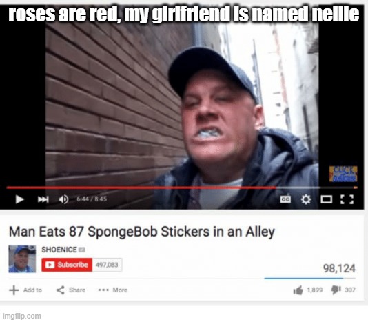 cafghdftghsfgdsg | roses are red, my girlfriend is named nellie | image tagged in man eats 87 spongebob stickers in an alley | made w/ Imgflip meme maker