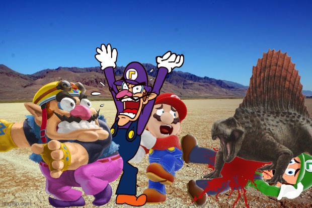 Wario and his friends dies by a Dimetrodon while looking for an oasis in the desert.mp3 | image tagged in wario dies,wario,jurassic park,jurassic world,prehistoric,animals | made w/ Imgflip meme maker