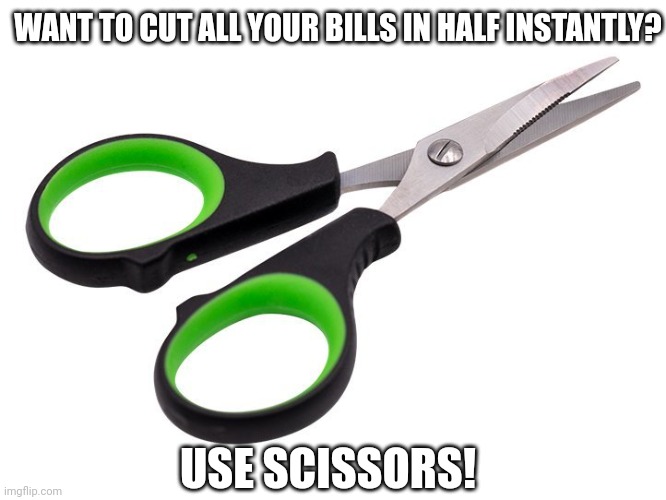 WANT TO CUT ALL YOUR BILLS IN HALF INSTANTLY? USE SCISSORS! | image tagged in bills,scissors,funny memes,lol | made w/ Imgflip meme maker