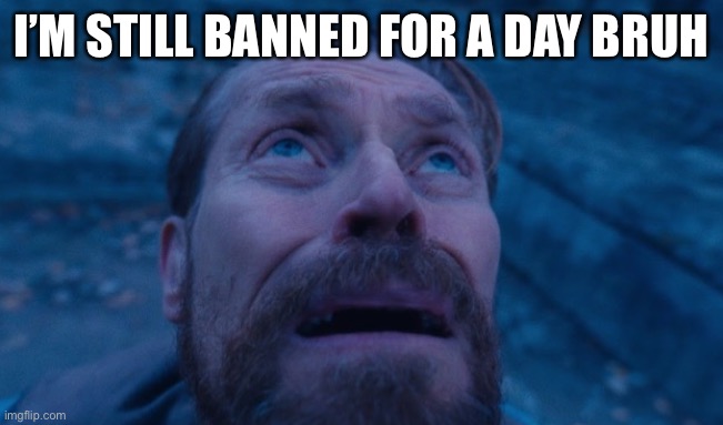 Willem Dafoe | I’M STILL BANNED FOR A DAY BRUH | image tagged in willem dafoe | made w/ Imgflip meme maker
