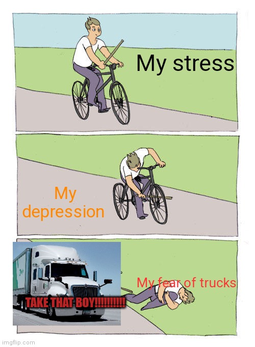Bike Fall Meme | My stress; My depression; My fear of trucks; TAKE THAT BOY!!!!!!!!!! | image tagged in memes,bike fall | made w/ Imgflip meme maker