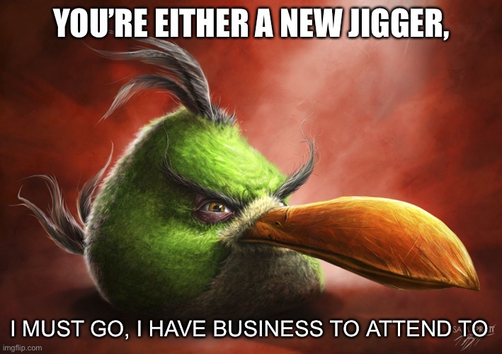 Realistic Angry Bird | YOU’RE EITHER A NEW JIGGER, I MUST GO, I HAVE BUSINESS TO ATTEND TO | image tagged in realistic angry bird | made w/ Imgflip meme maker