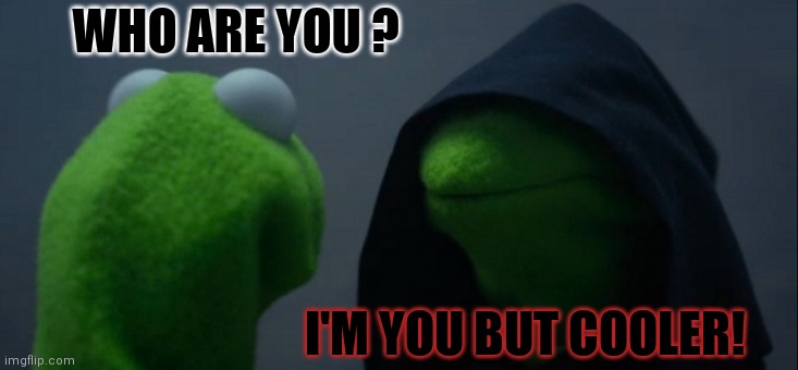 Evil Kermit | WHO ARE YOU ? I'M YOU BUT COOLER! | image tagged in memes,evil kermit | made w/ Imgflip meme maker