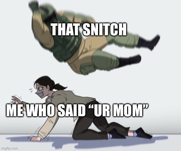 Guy falling on another person | THAT SNITCH; ME WHO SAID “UR MOM” | image tagged in guy falling on another person | made w/ Imgflip meme maker